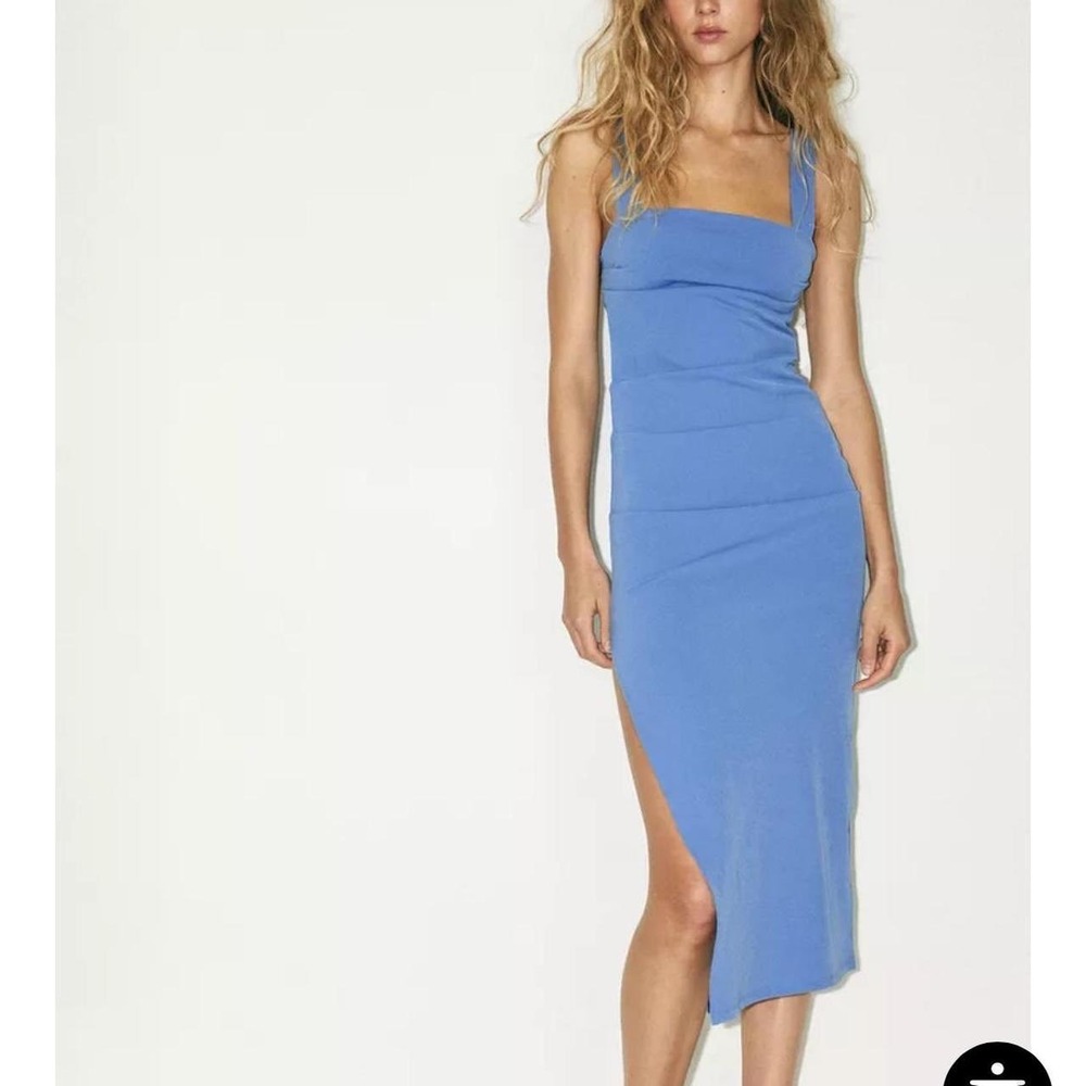 Zara Women Blue Ruched Square Neck Sleeveless Midi Bodycon Dress Size S